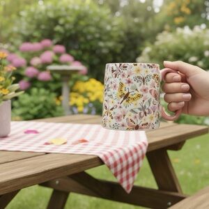 Butterflies Multi Colored Ceramic 18oz Mug with Pink Handle